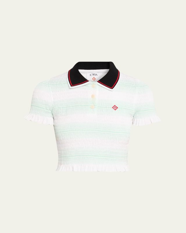 Stripe Shirred Crop Polo Shirt